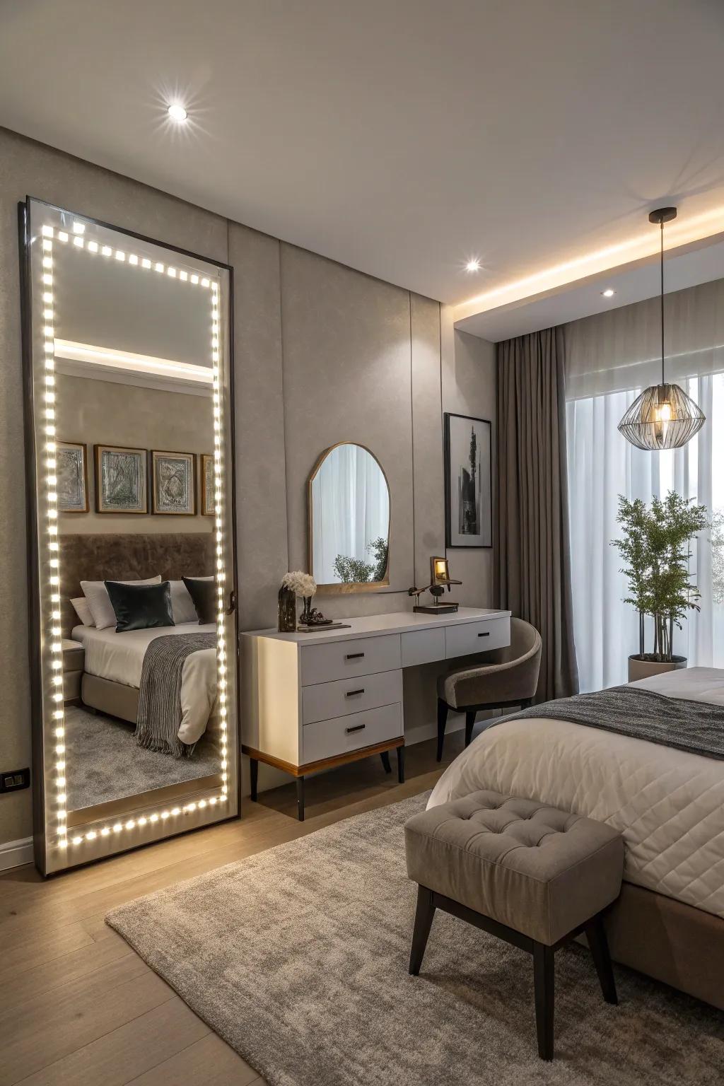 Backlit mirrors include a streamlined touch to bedroom decor.