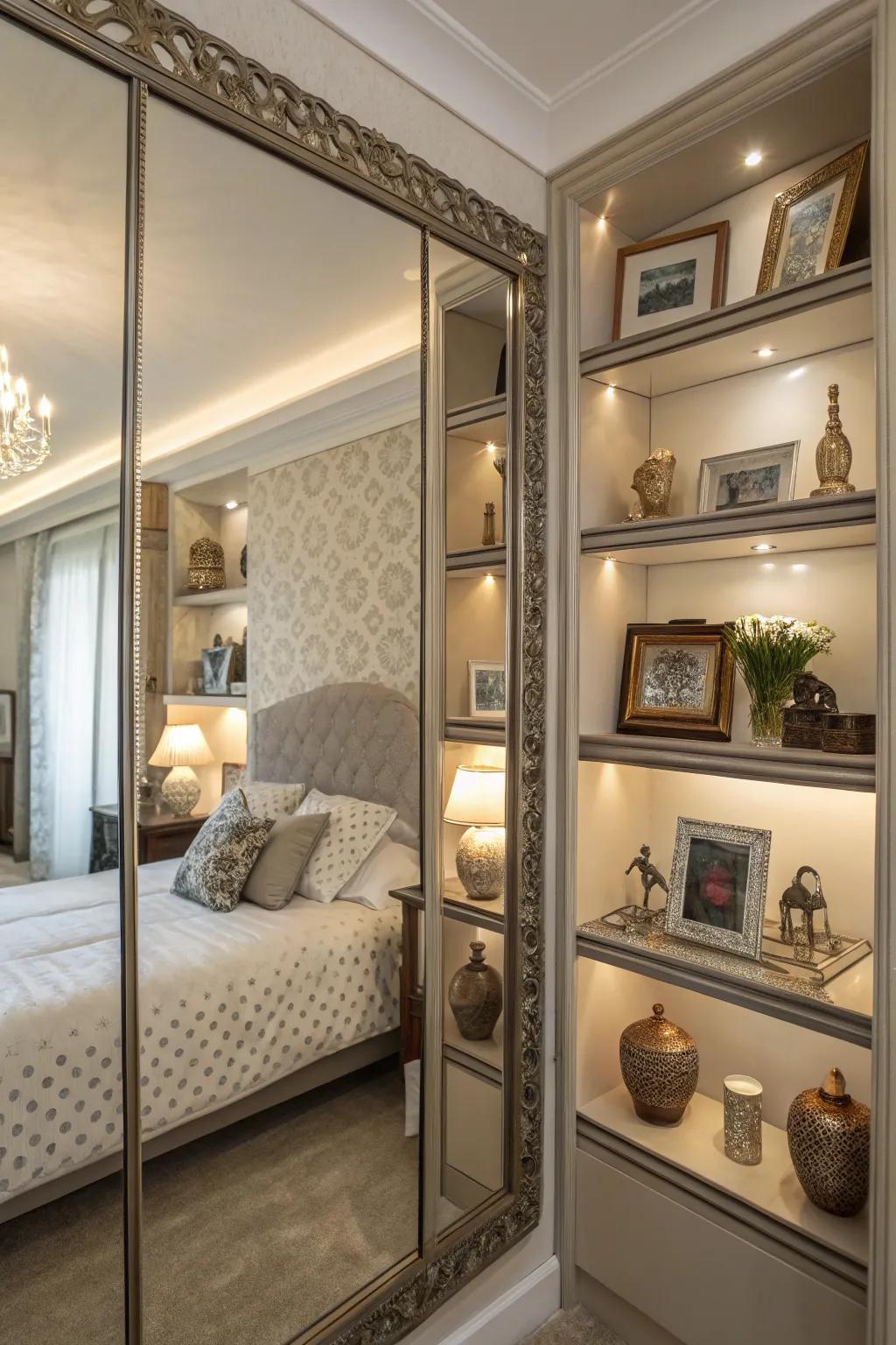 Mirrored shelves in a bedroom improve light and provide display space.