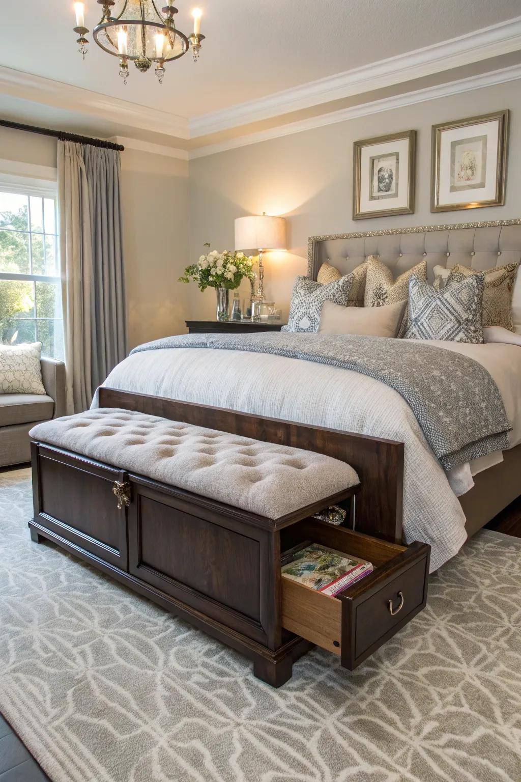 Blend seating with storage by including a chic bench in your bedroom.