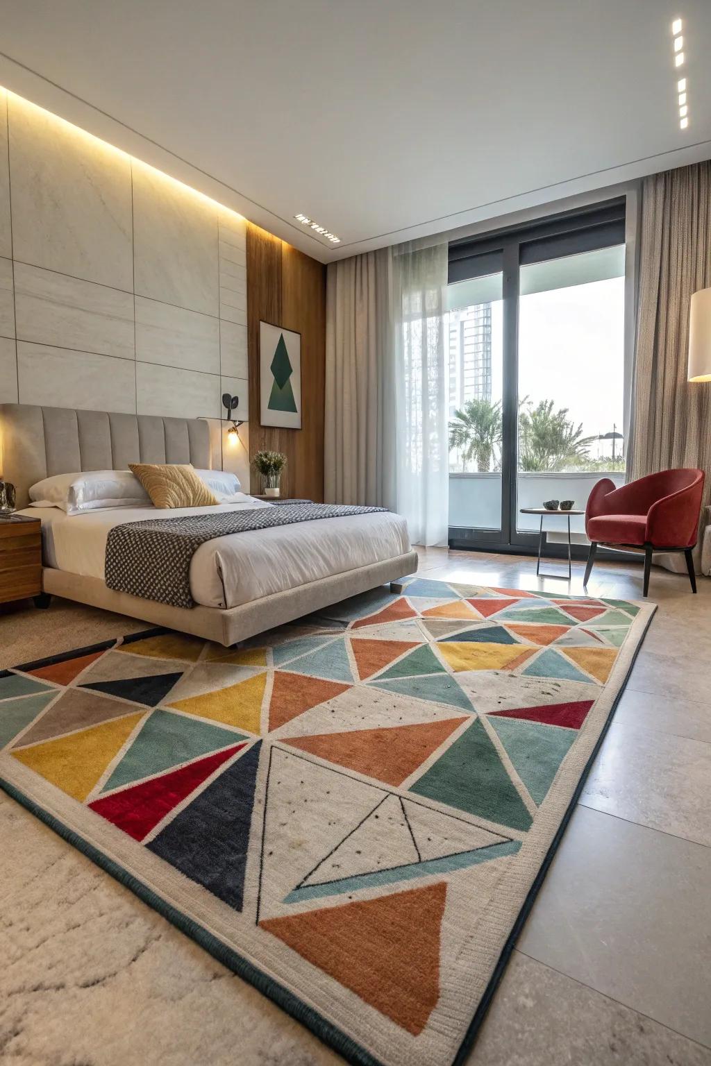 Abstract floor coverings add modern art to the floor.