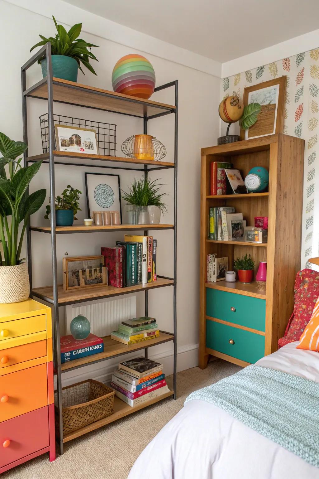 Blending shelf designs incorporates a vibrant and individual touch into decor.
