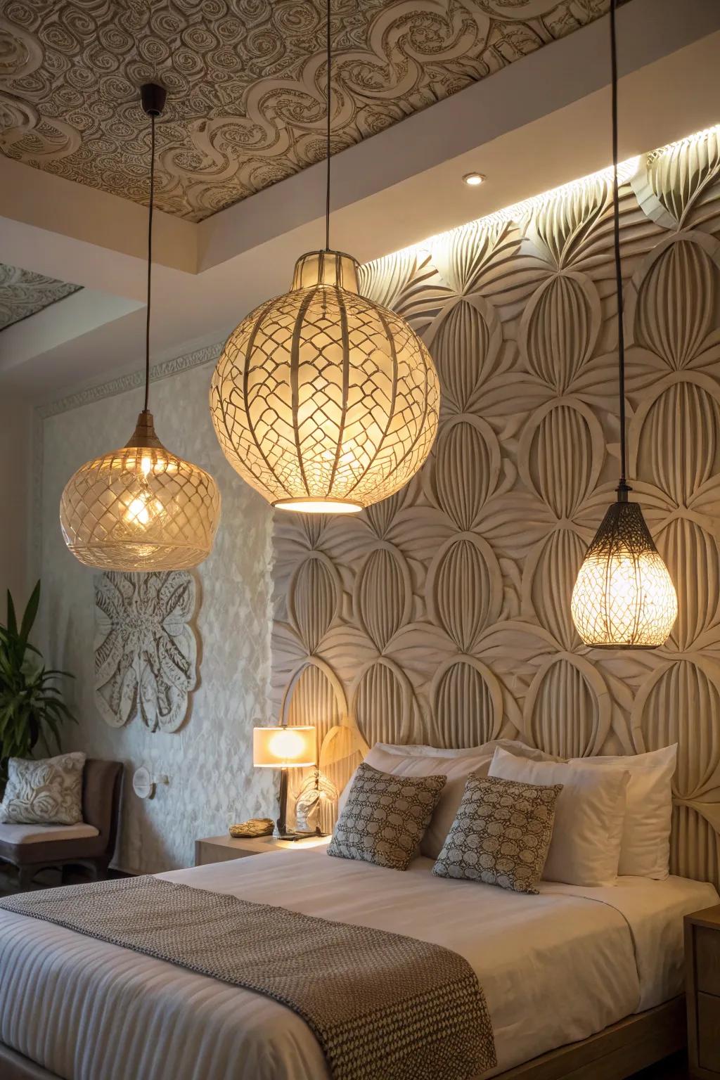 Statement lighting enhances bedroom walls with both design and function.