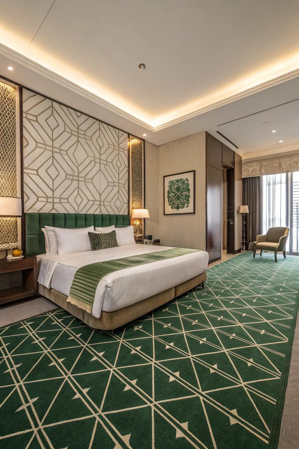 Precise patterns add a modern touch, enhancing the room's structured aesthetic.