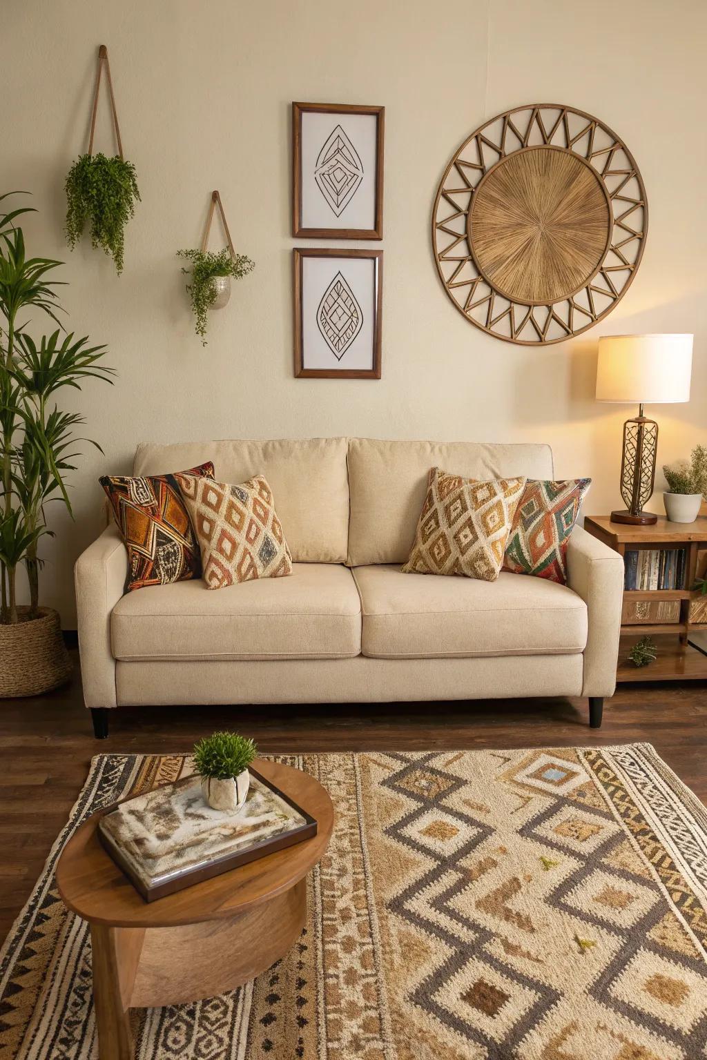 Angular designs bring contemporary flair to a sand-toned sofa living room.