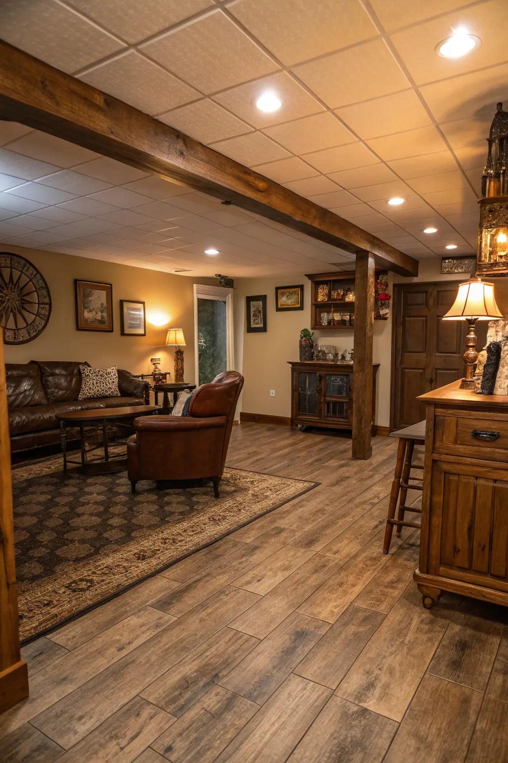 Expanded plank vinyl adds countryside appeal to basement floors.