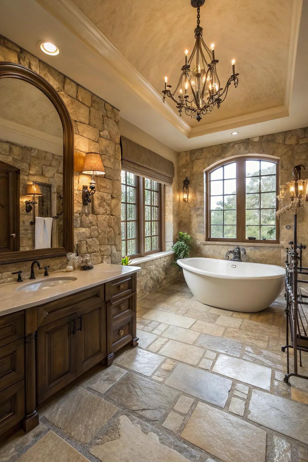 Opulent bathroom with stunning stone floors