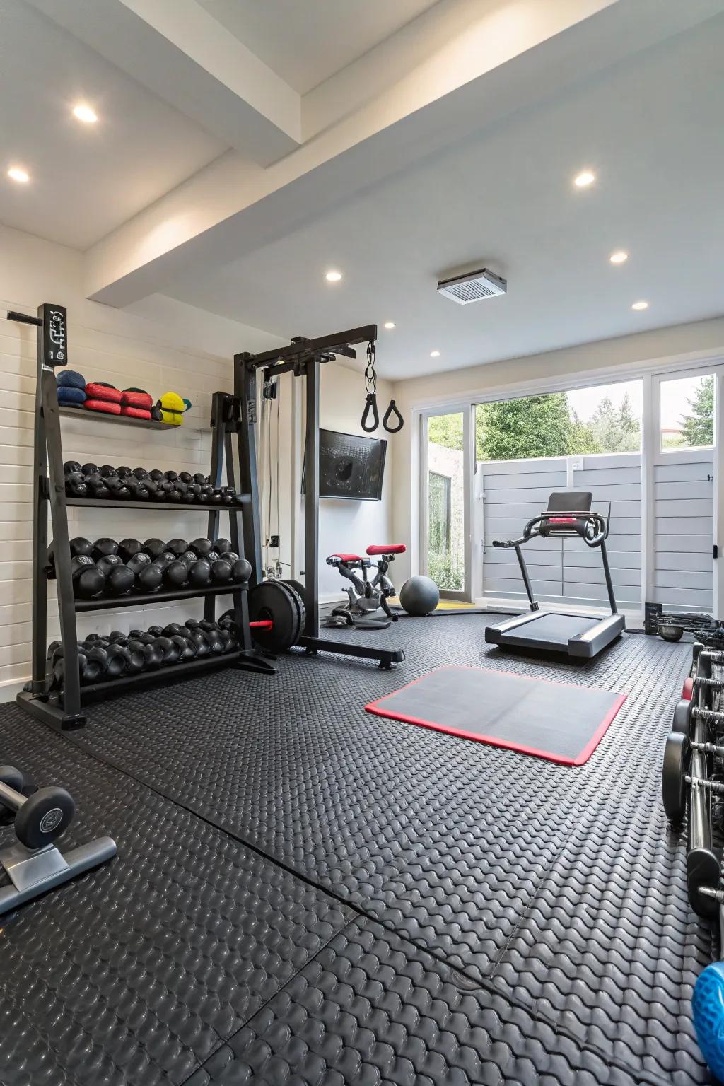 Rubber flooring ensures safety and functionality in active areas.