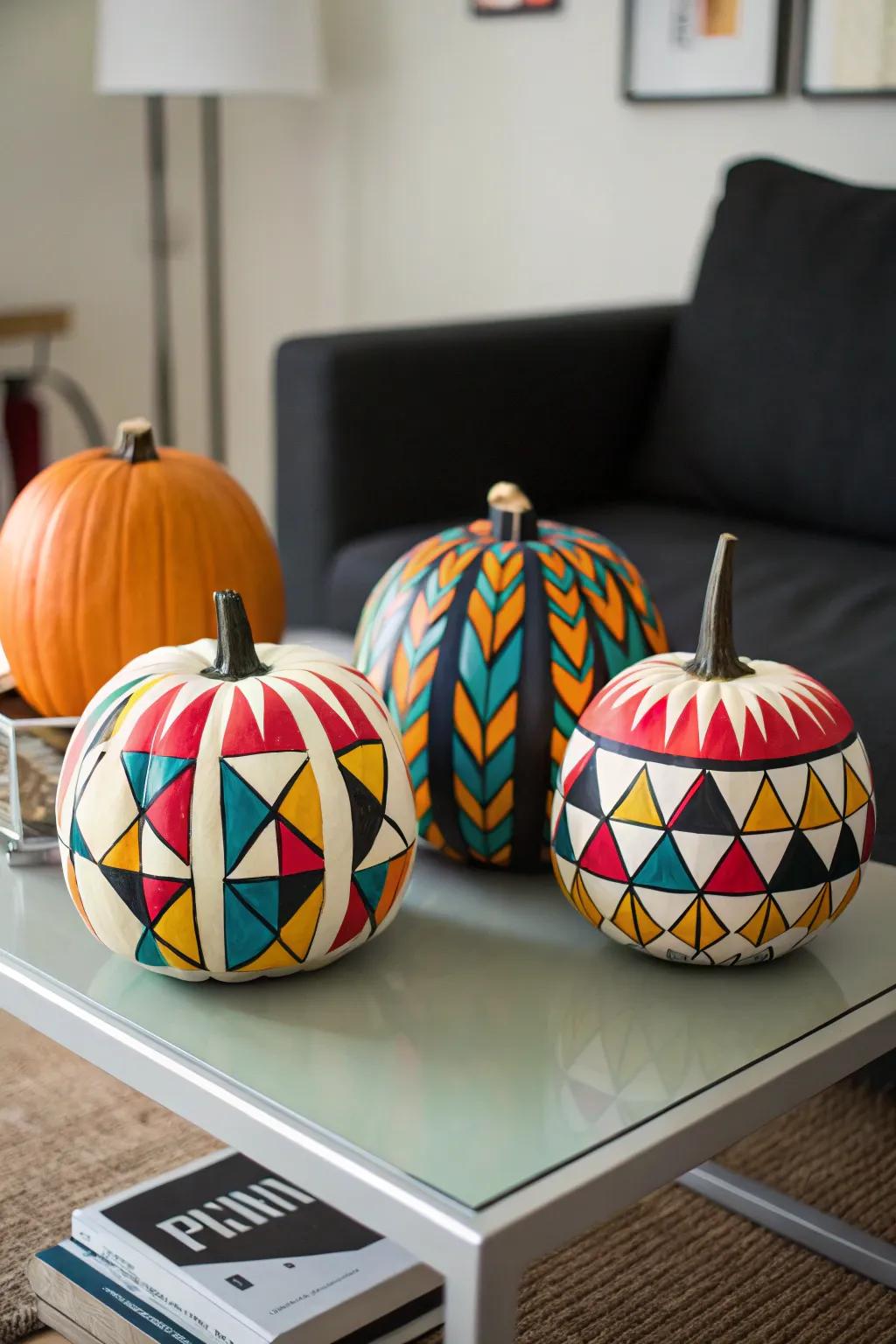 Make a statement with geometric-patterned pumpkins.