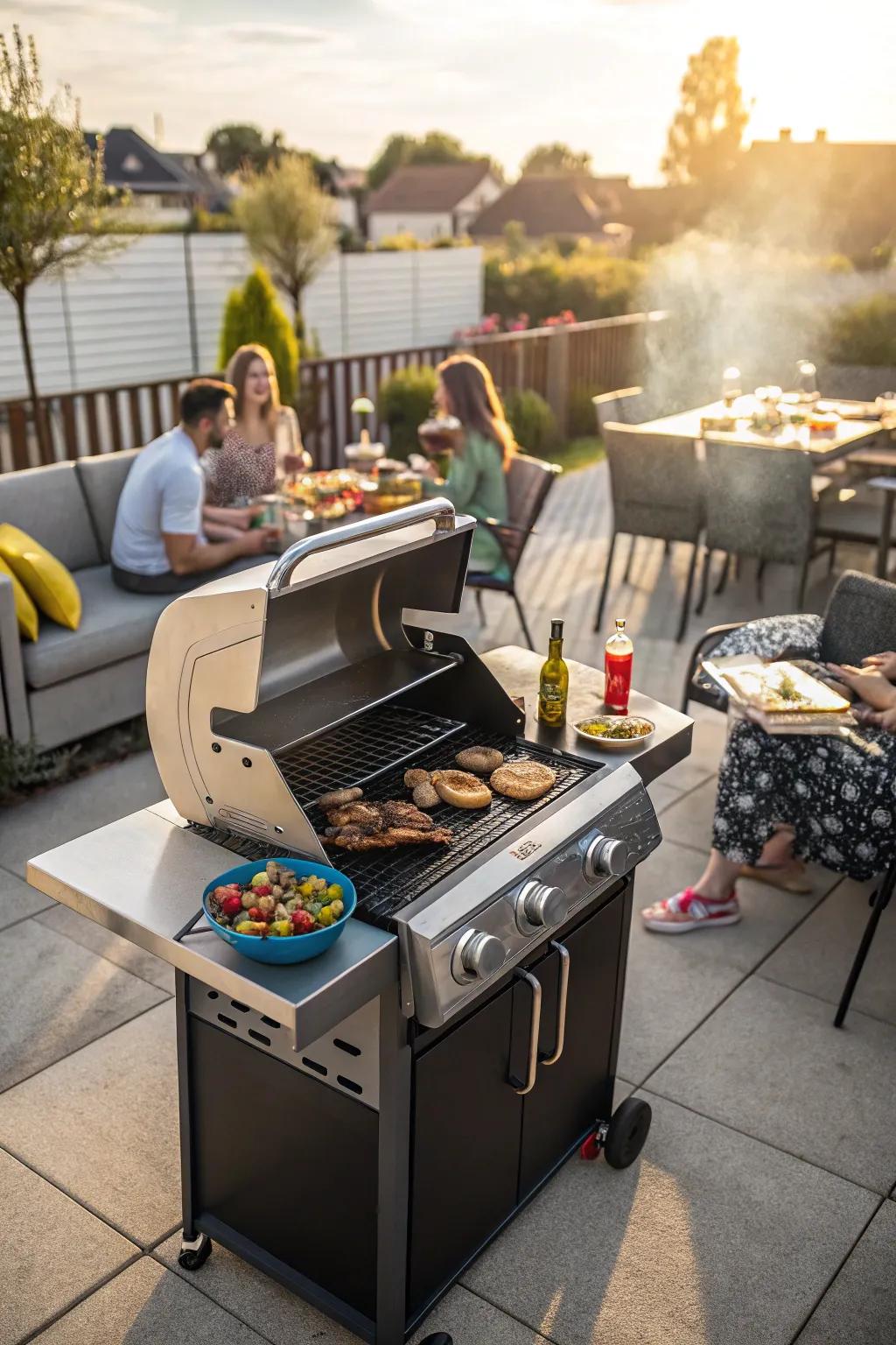 A smart outdoor cooker takes center stage at a backyard cookout, delivering perfectly grilled dishes with ease.