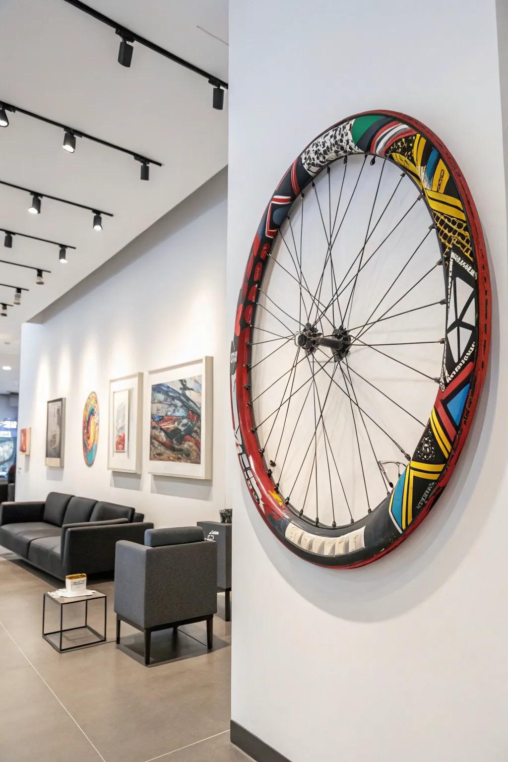 An abstract bicycle wreath showcasing audacious colors and patterns for an artistic hint.