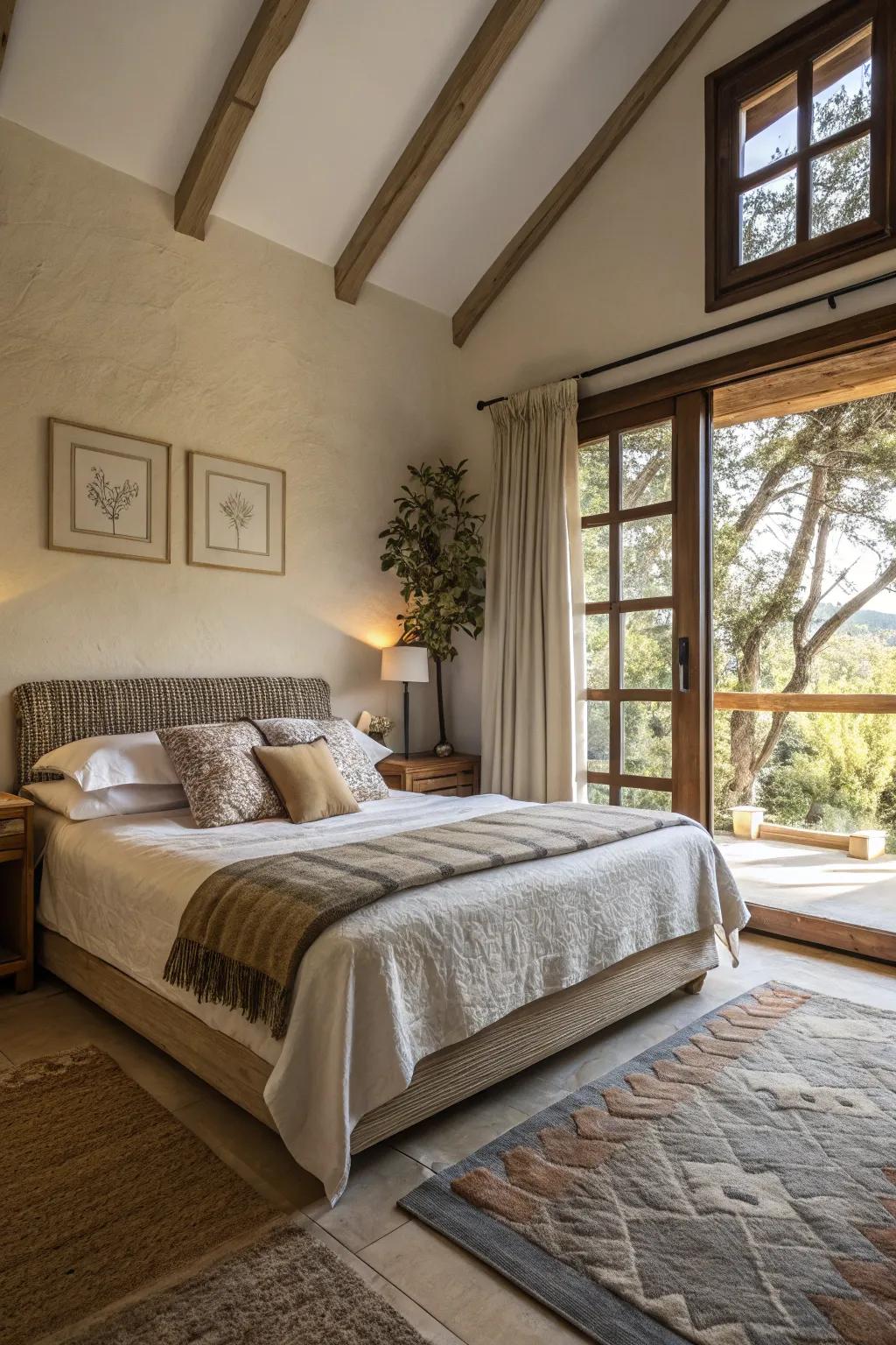 A spacious bedroom with a uniquely placed bed creating a striking focal point.
