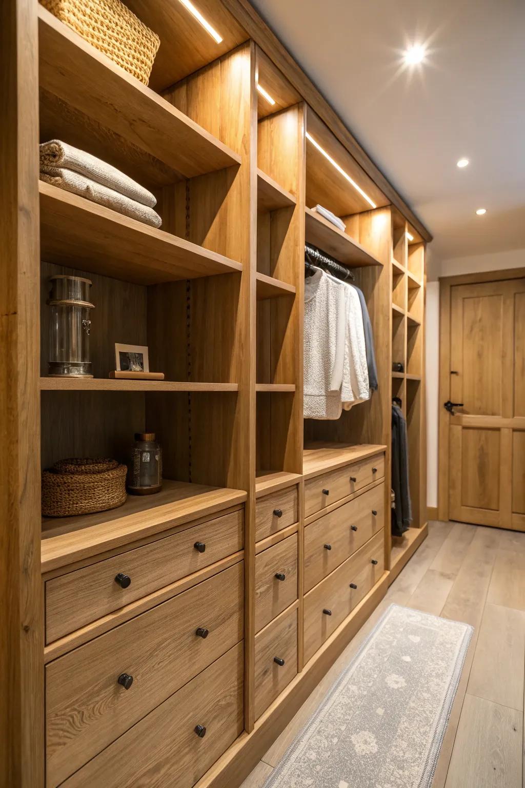 A closet featuring natural wood elements that add warmth and texture.