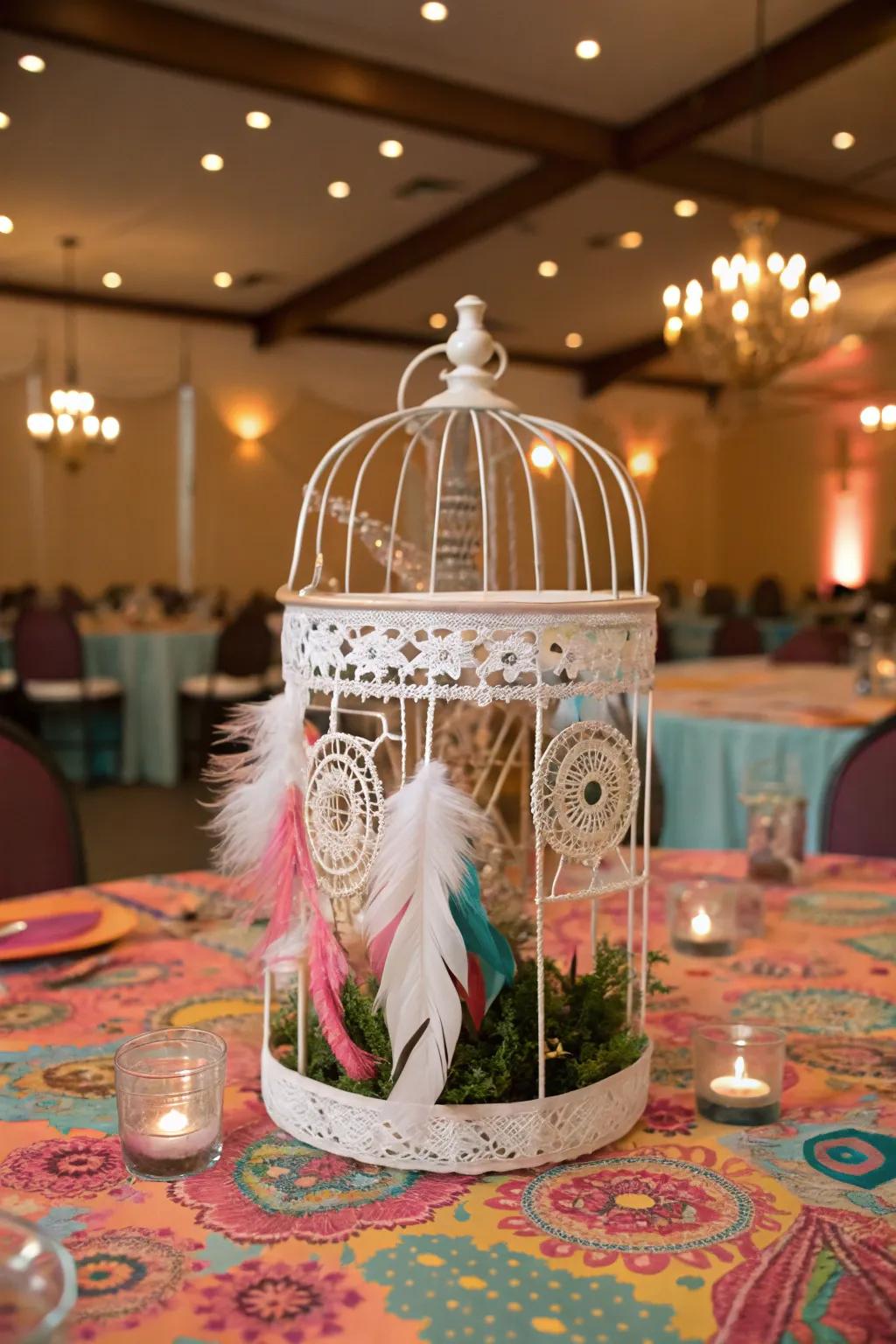 A bohemian-inspired bird sanctuary centerpiece showcasing artistic components.