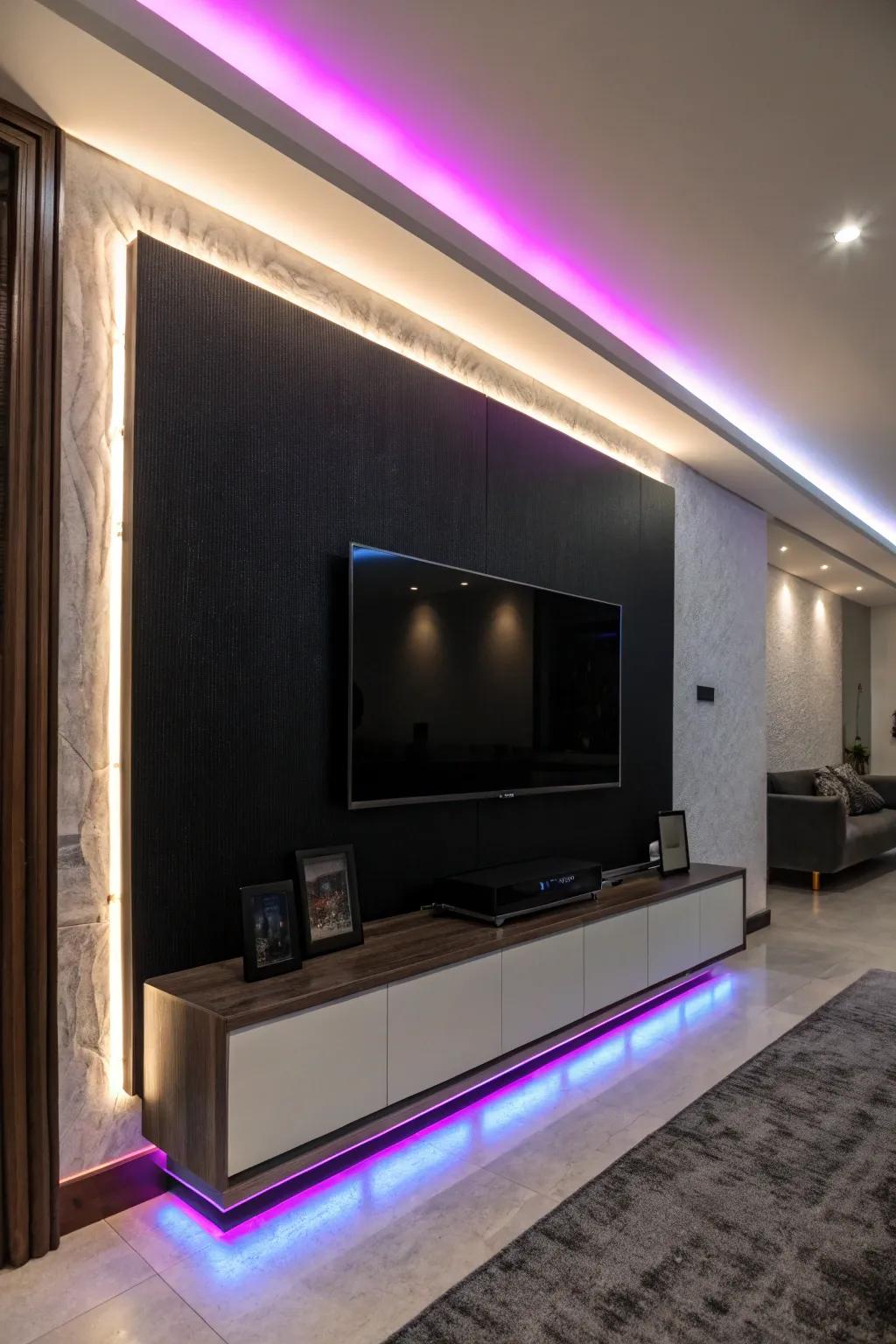 Intelligent illumination introduces a dynamic and customizable element to a dark accent wall.