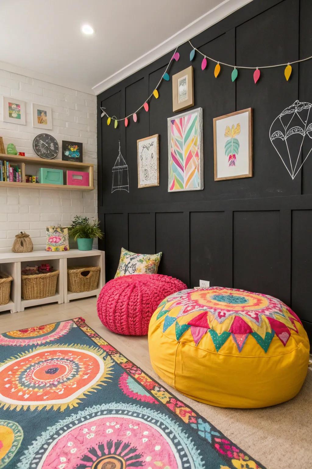 A room where a black accent wall is paired with vibrant colorful d&eacute;cor for striking contrast.