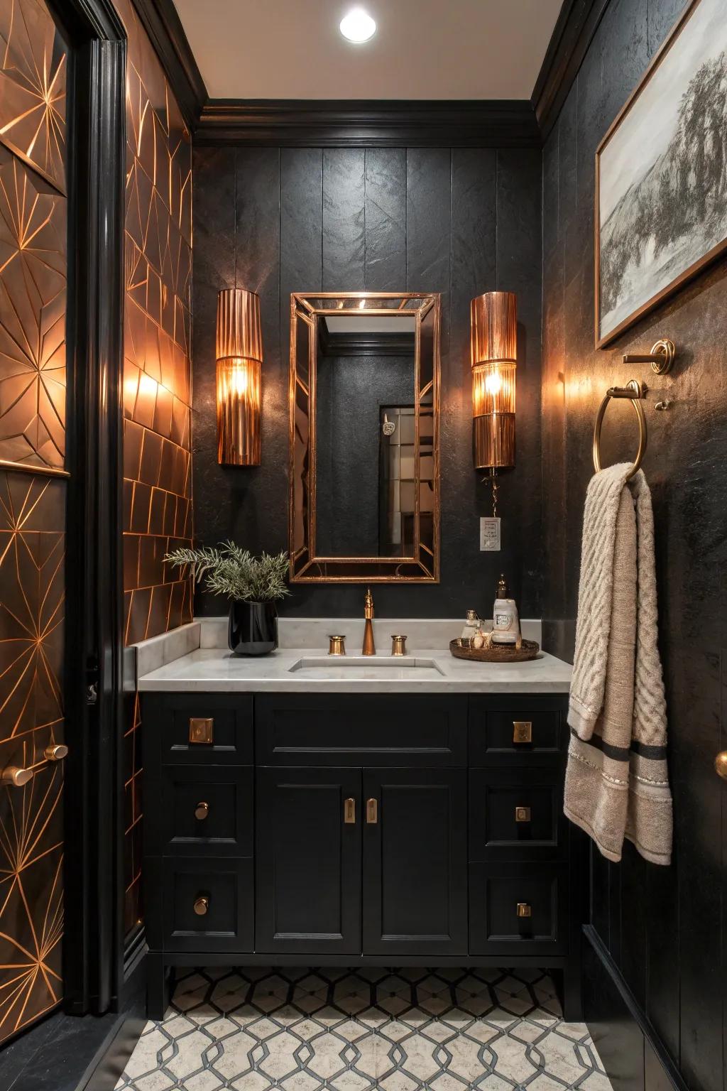 Copper sconces incorporate a subtle glamour to the bathroom.