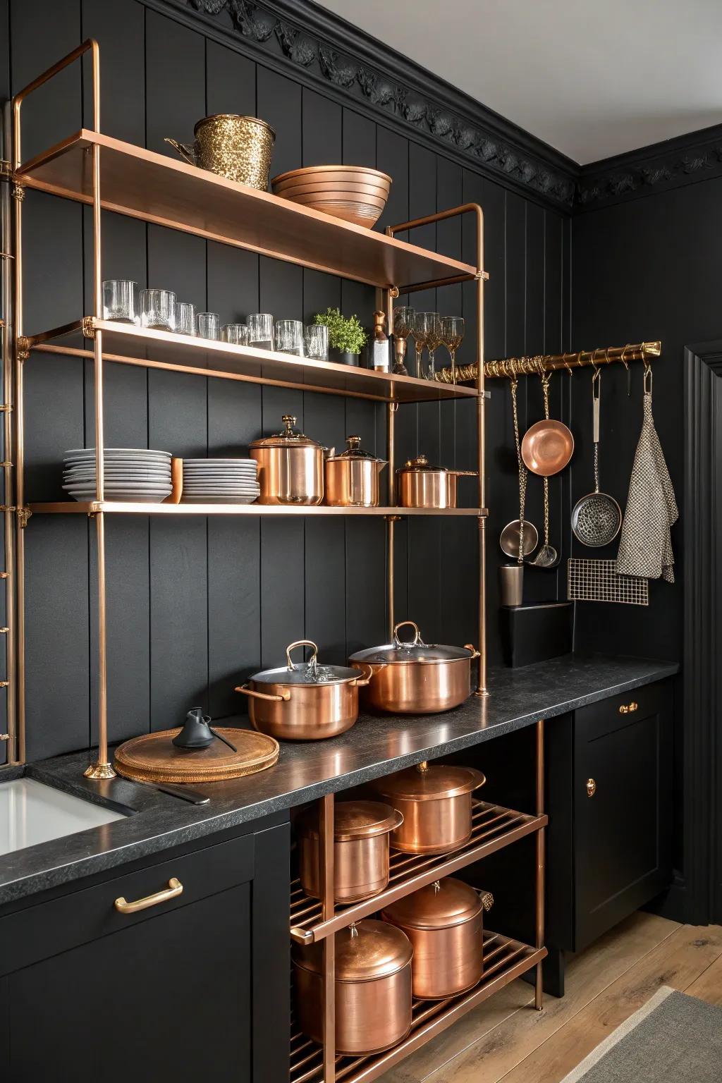Bronze shelves offer functional elegance in a contemporary kitchen.