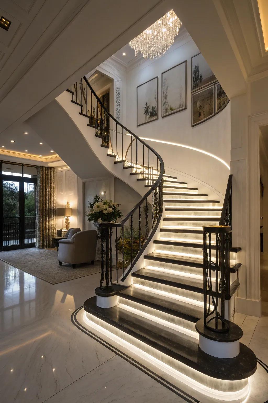 Calculated illumination intensifies the drama of a noir and blanc staircase.