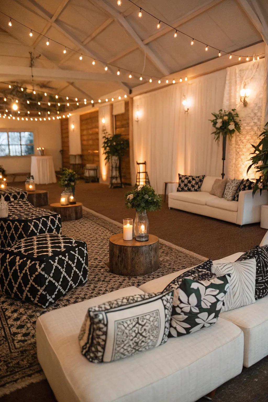 A sophisticated lounge space provides a chic space for guests to relax.