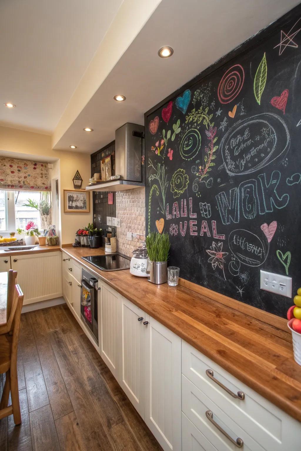 This playful kitchen design features an erasable board backsplash for creative expression.