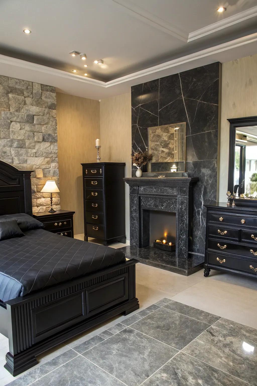 Dark stone components infuse organic opulence into this bedroom.