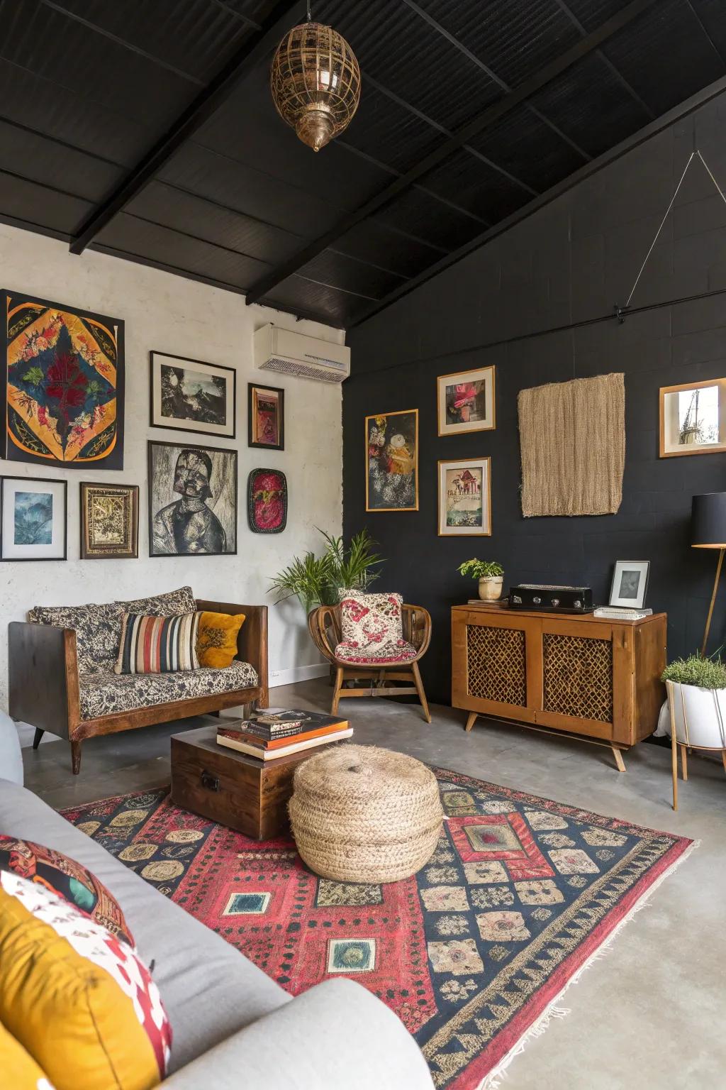 A varied room where diverse decor meets a dark overhead.