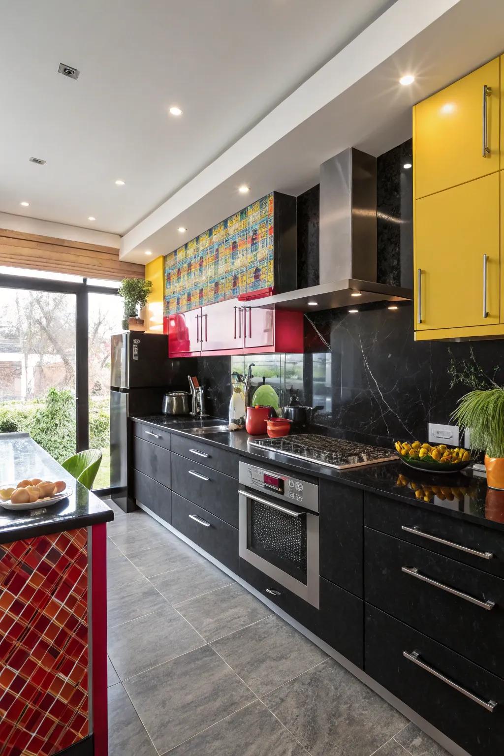 High-aesthetic difference accents enrich energy to ebony worktops.