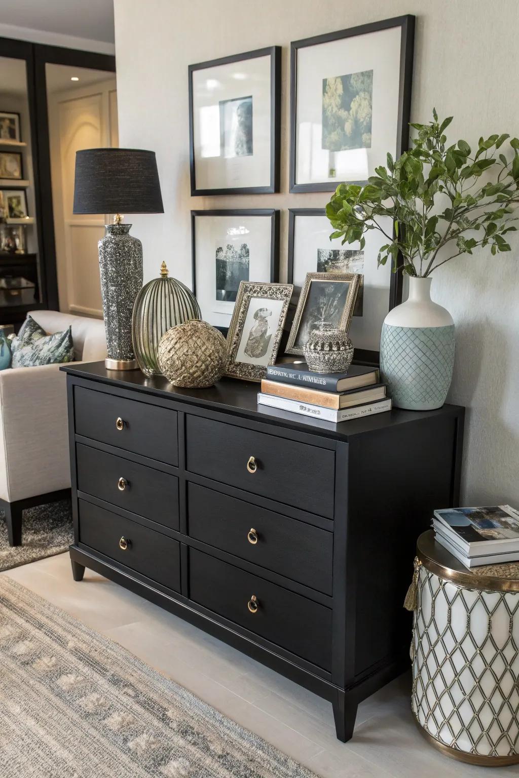 A dark wood dresser showcasing the art of layering with diverse decor.