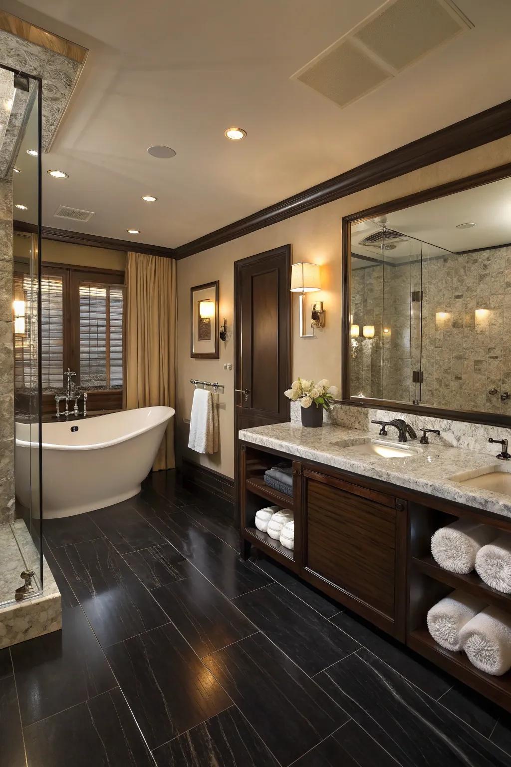 Spa-like restroom with tranquil dark floors.