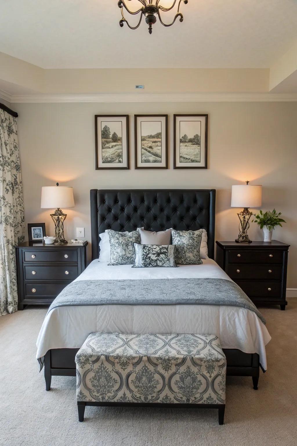 Balanced bedroom featuring symmetrical design and a dark-toned headboard