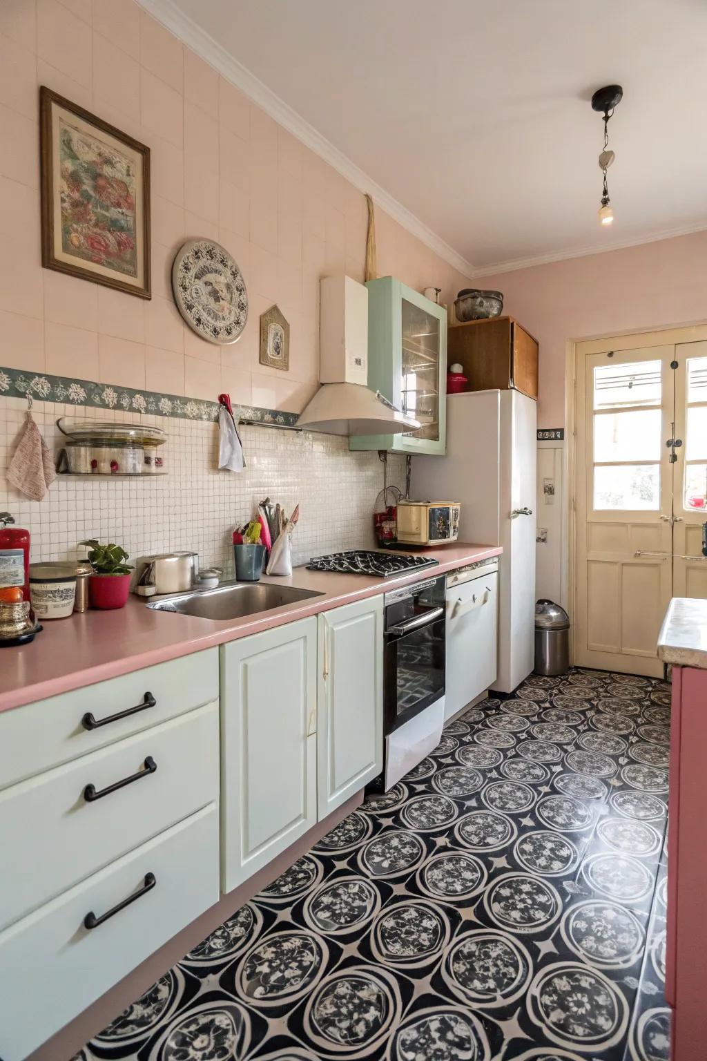 A retro-inspired kitchen featuring ebony patterned floor tiles.