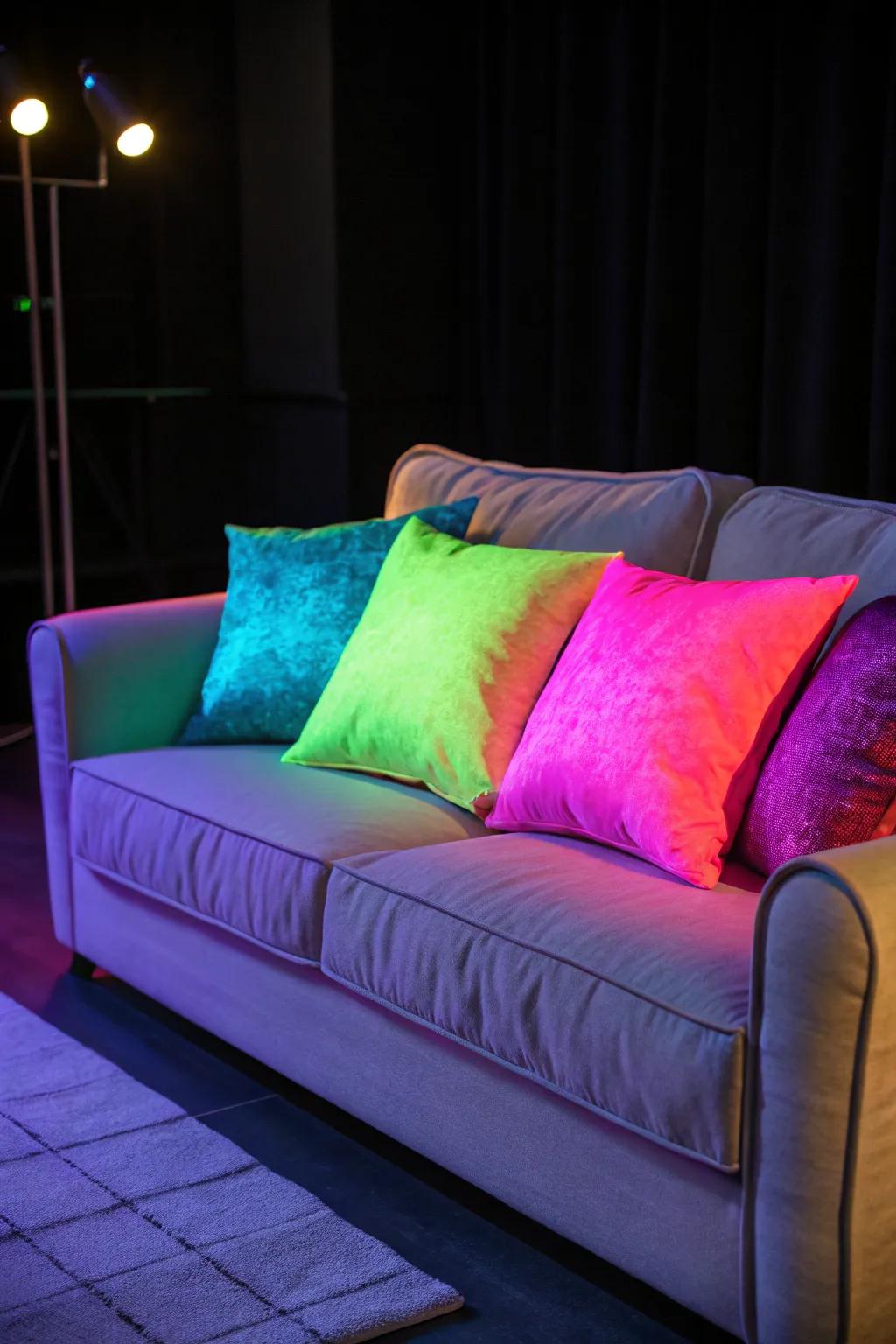 Bright accent cushions introduce color and shimmer to your seating.