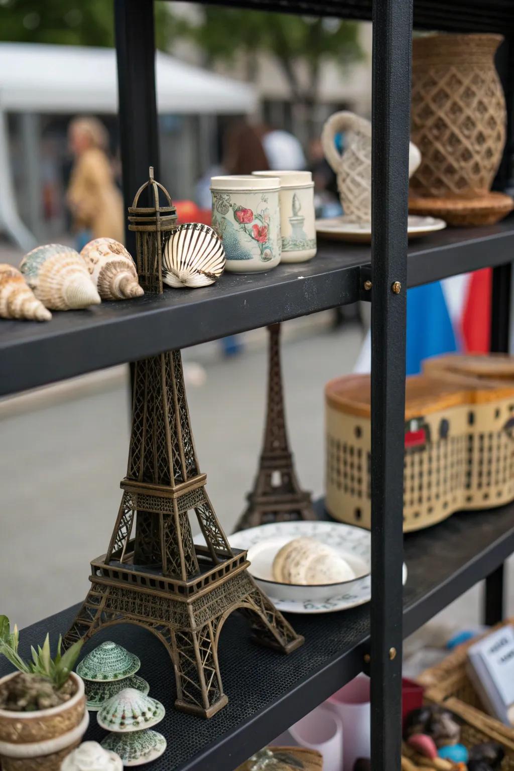 A private series of vacation souvenirs presented upon a dark-colored shelf.