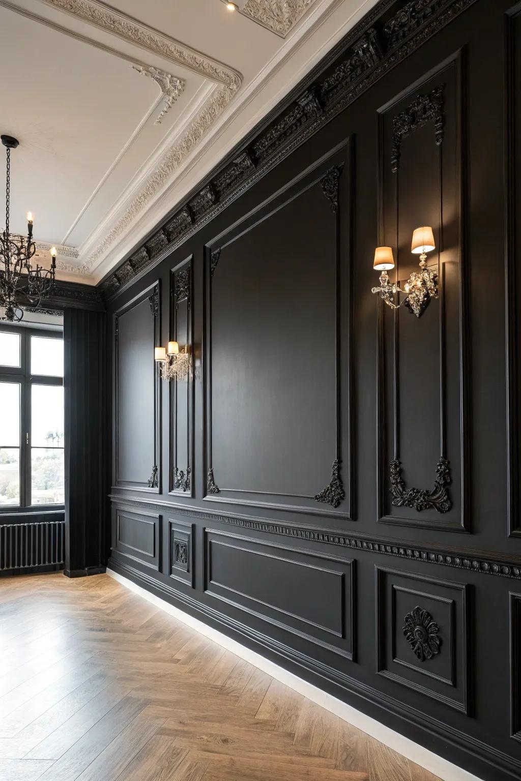 Architectural elements accentuated by a black wall.