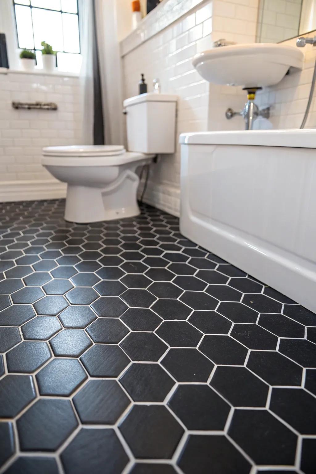 Black hex tiles add architectural elegance to this bathroom floor.