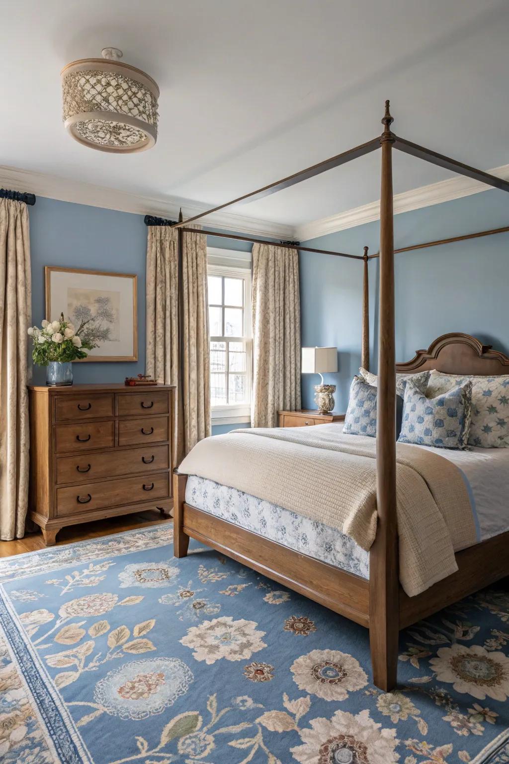 A harmonious blend is achieved by combining vintage and modern elements in blue and beige.