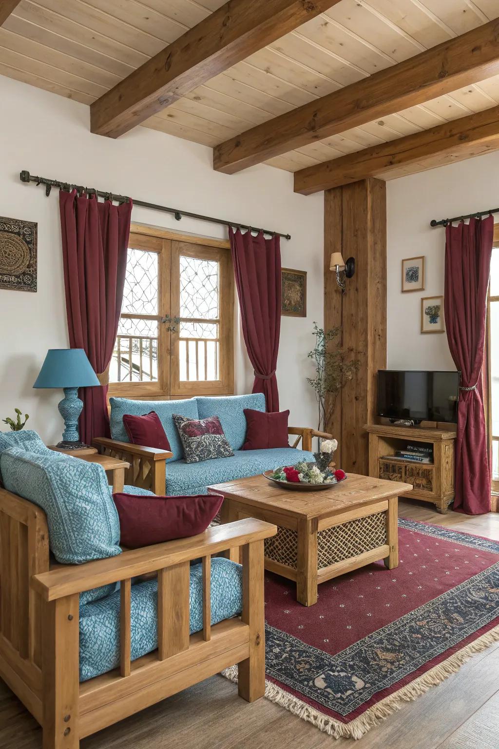 Unprocessed timber elements harmoniously balance the azure and wine-toned decor.