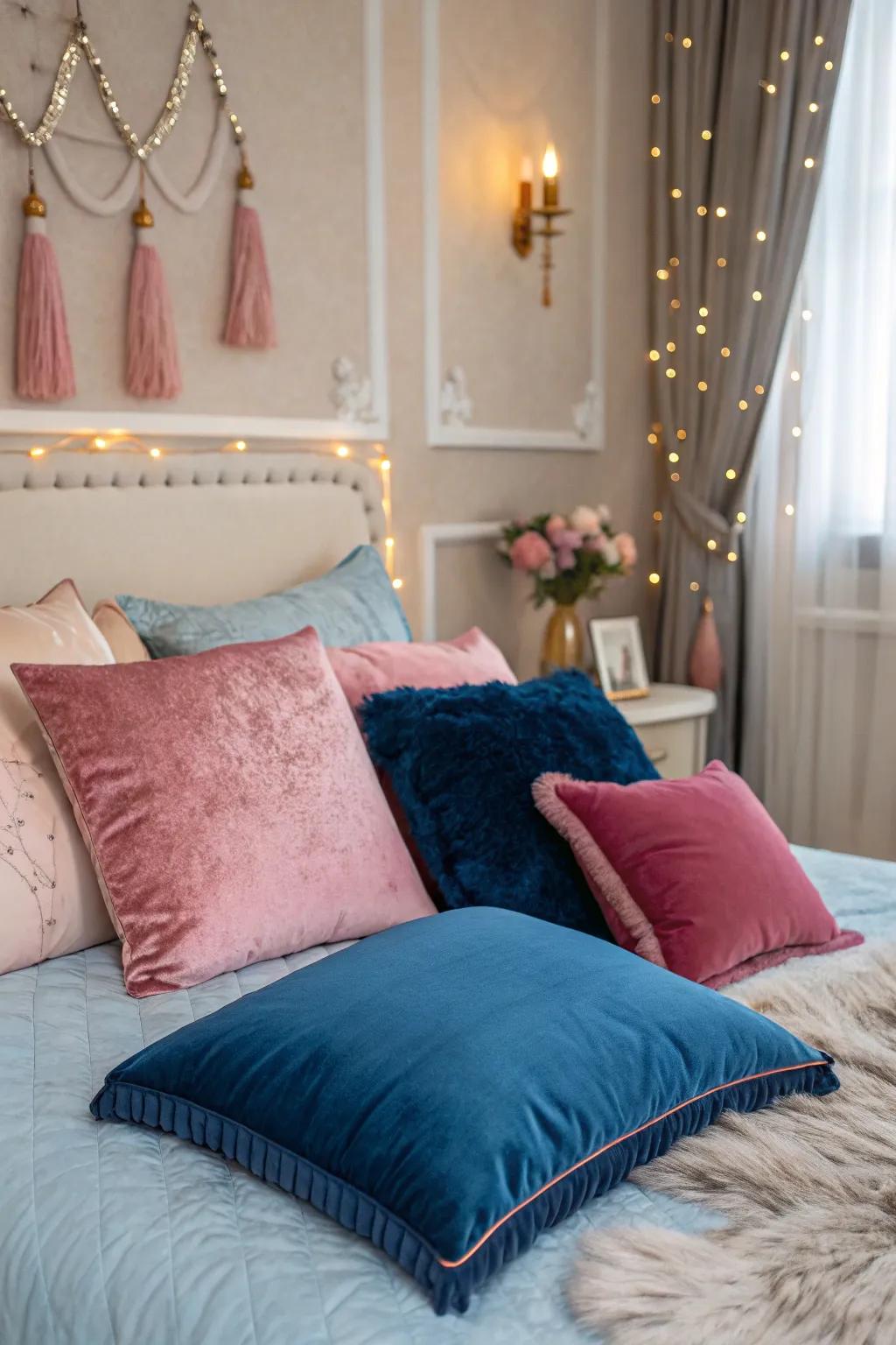Textile cushions contribute a luxurious and tactile quality to the space.