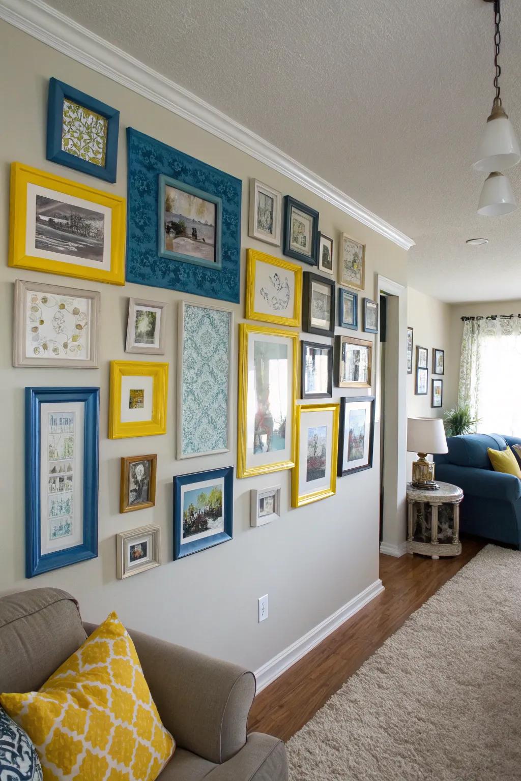 An eclectic display wall with azure and gold frames for a personal touch.