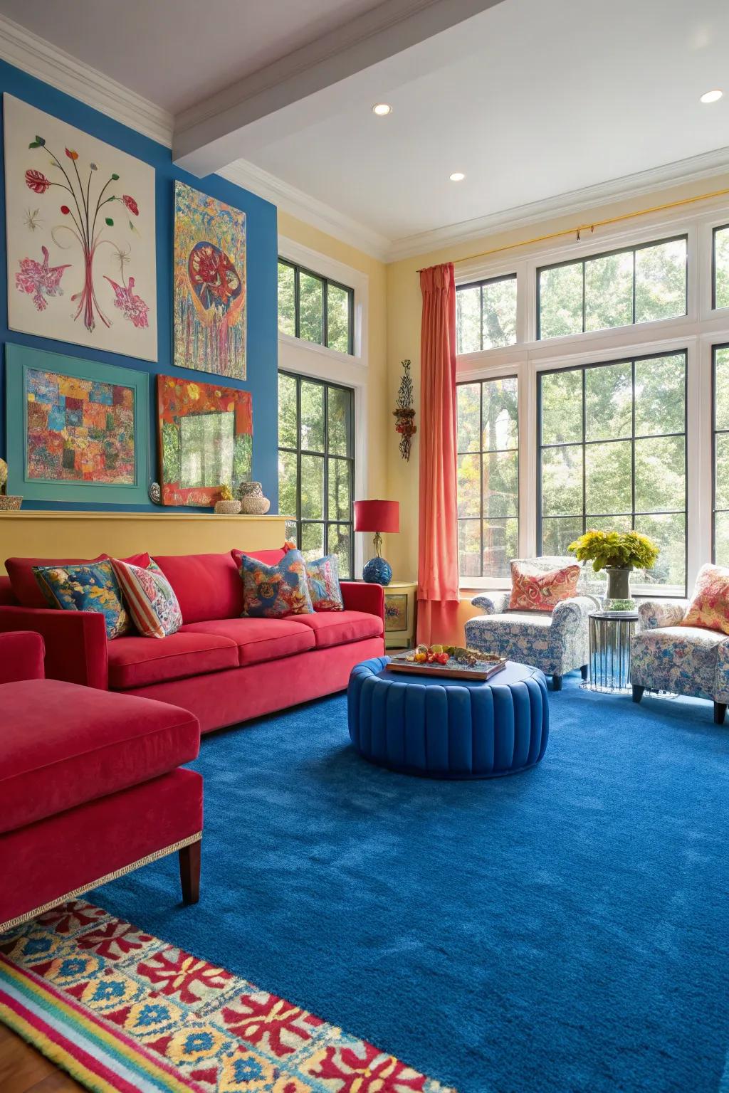 Bold colors create a striking comparison with a blue carpet, ensuring a dynamic space.