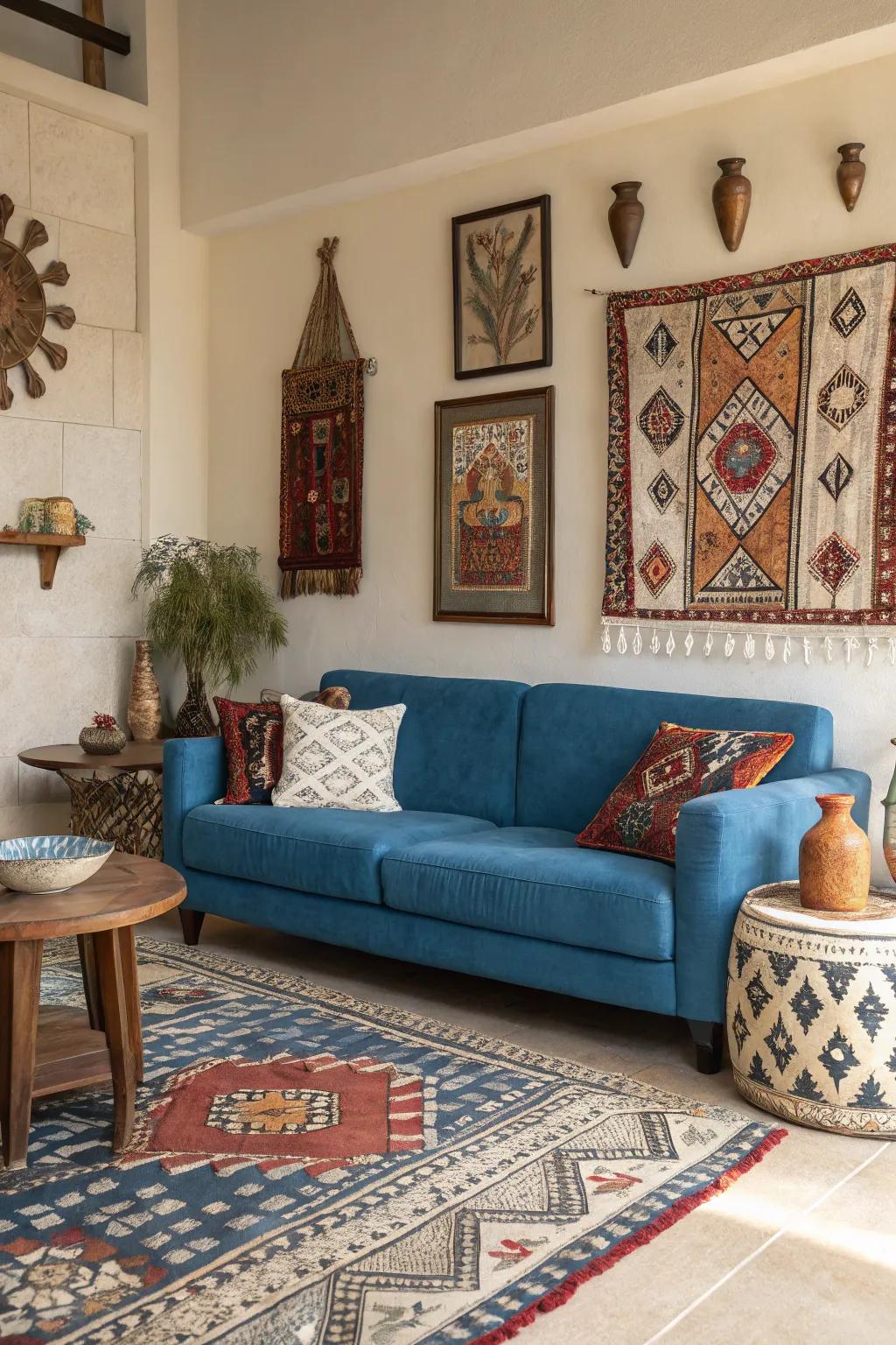 Cultural aspects add depth and personality to a sapphire settee setting.