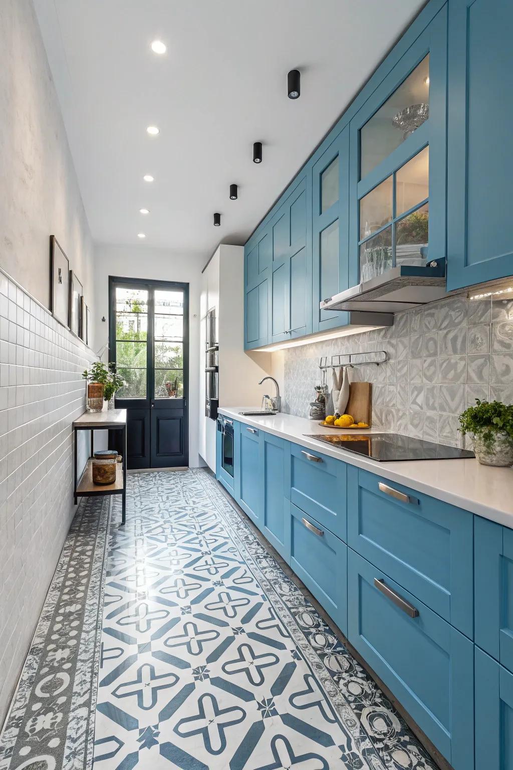 Geometric components furnish a modern and playful contrast to azure cupboards.