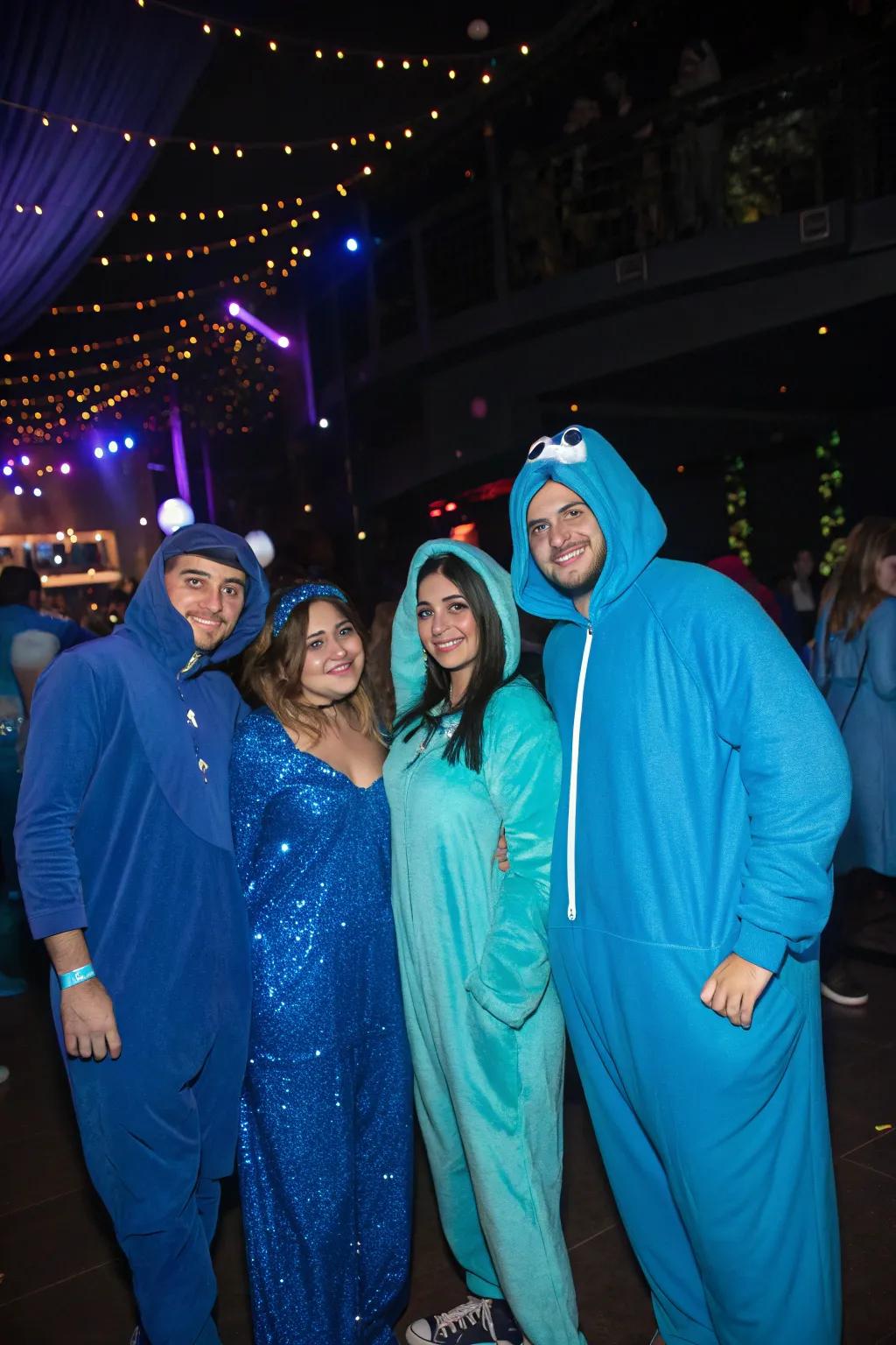 Attendees in innovative azure-themed ensembles reveling at the party.