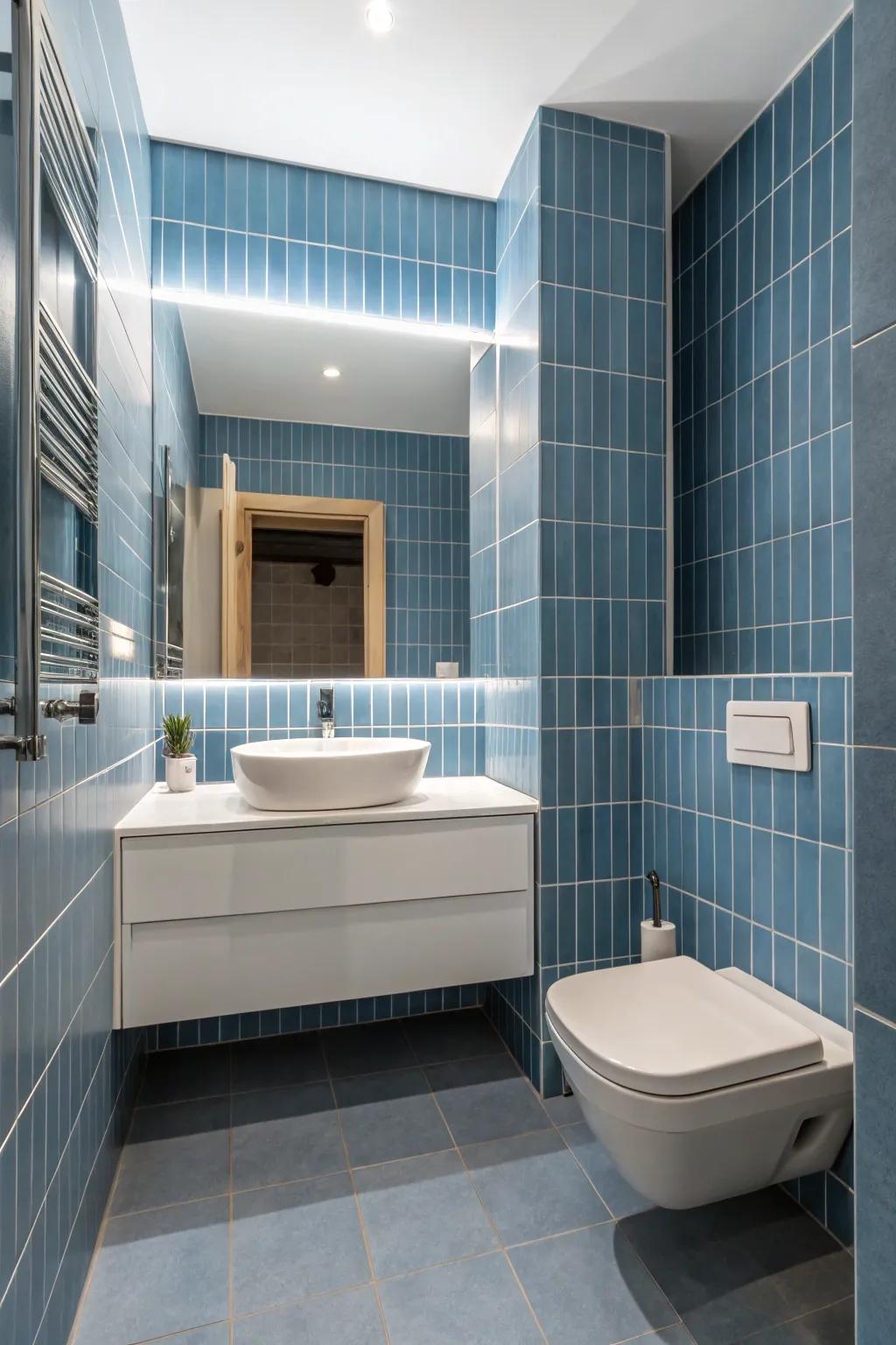 A sleek, contemporary bathroom design is created with simple azure ceramic.