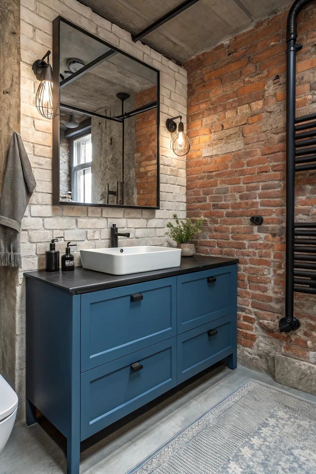 Industrial elements impart an edgy touch to a blue vanity.