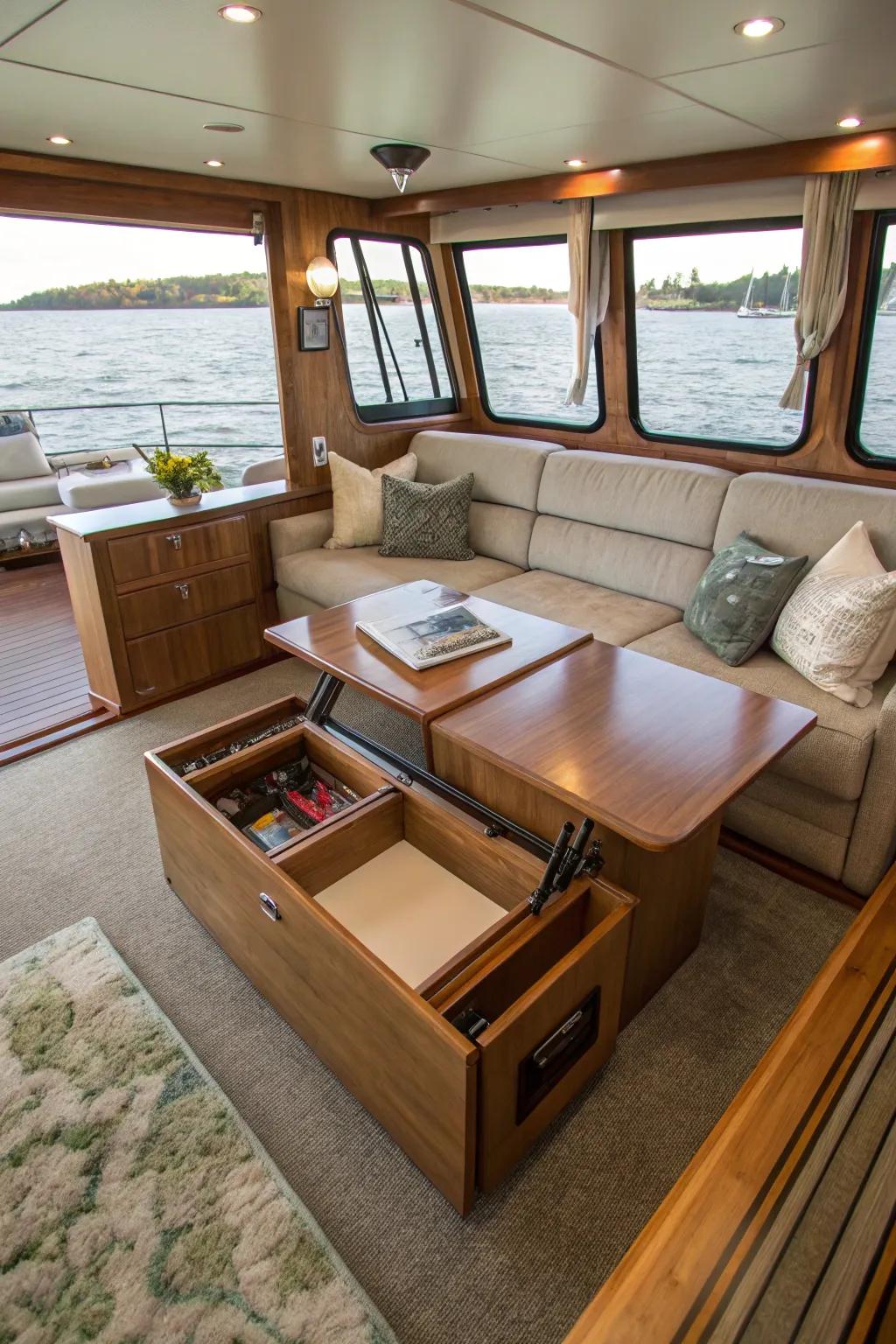Adaptable coffee table inside a versatile boat living room.