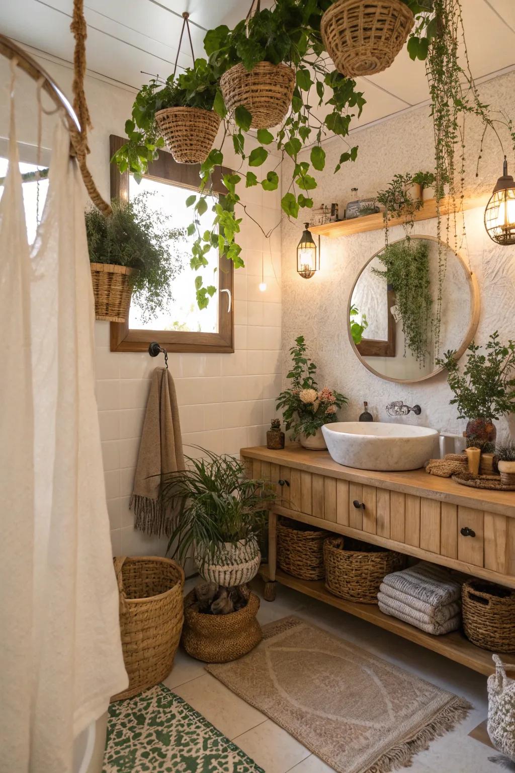 A lush boho bathroom featuring suspended plants.