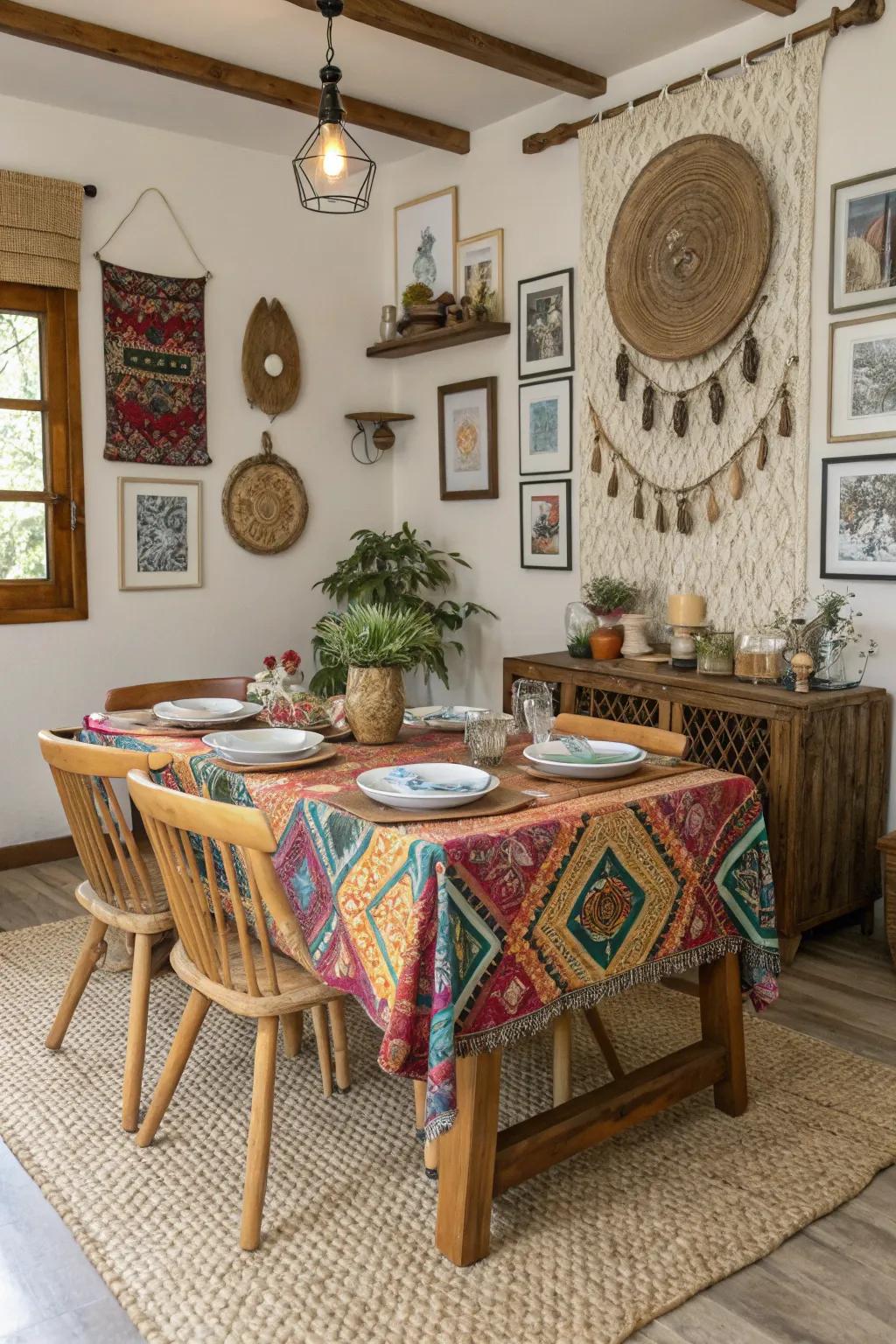 Rustic features harmonizing with boho decor inside a dining space.