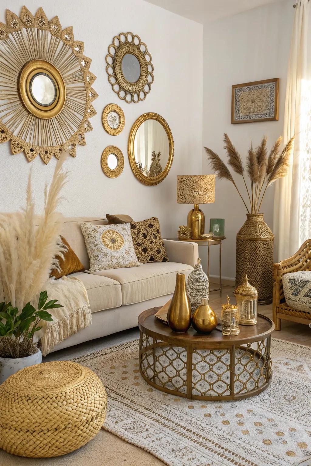 Gilt details elevate the boho aesthetic.