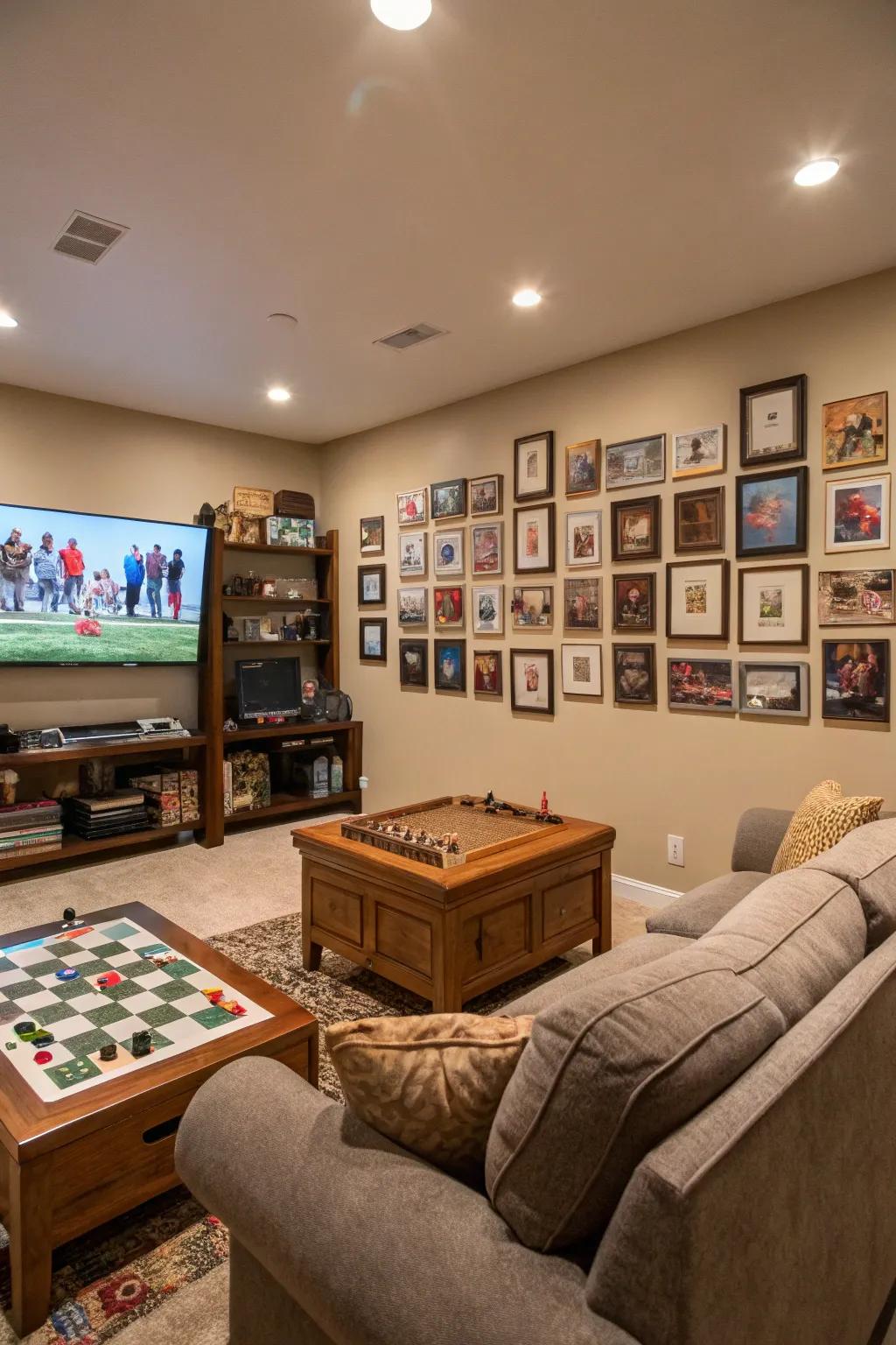A family photo display adds a personal touch to your game room.